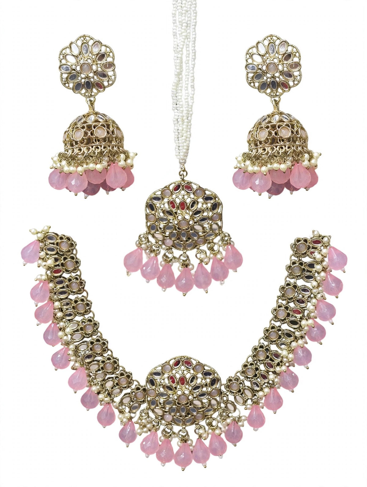 Ishq Pink Kundan Jhumka Necklace Set - studio view