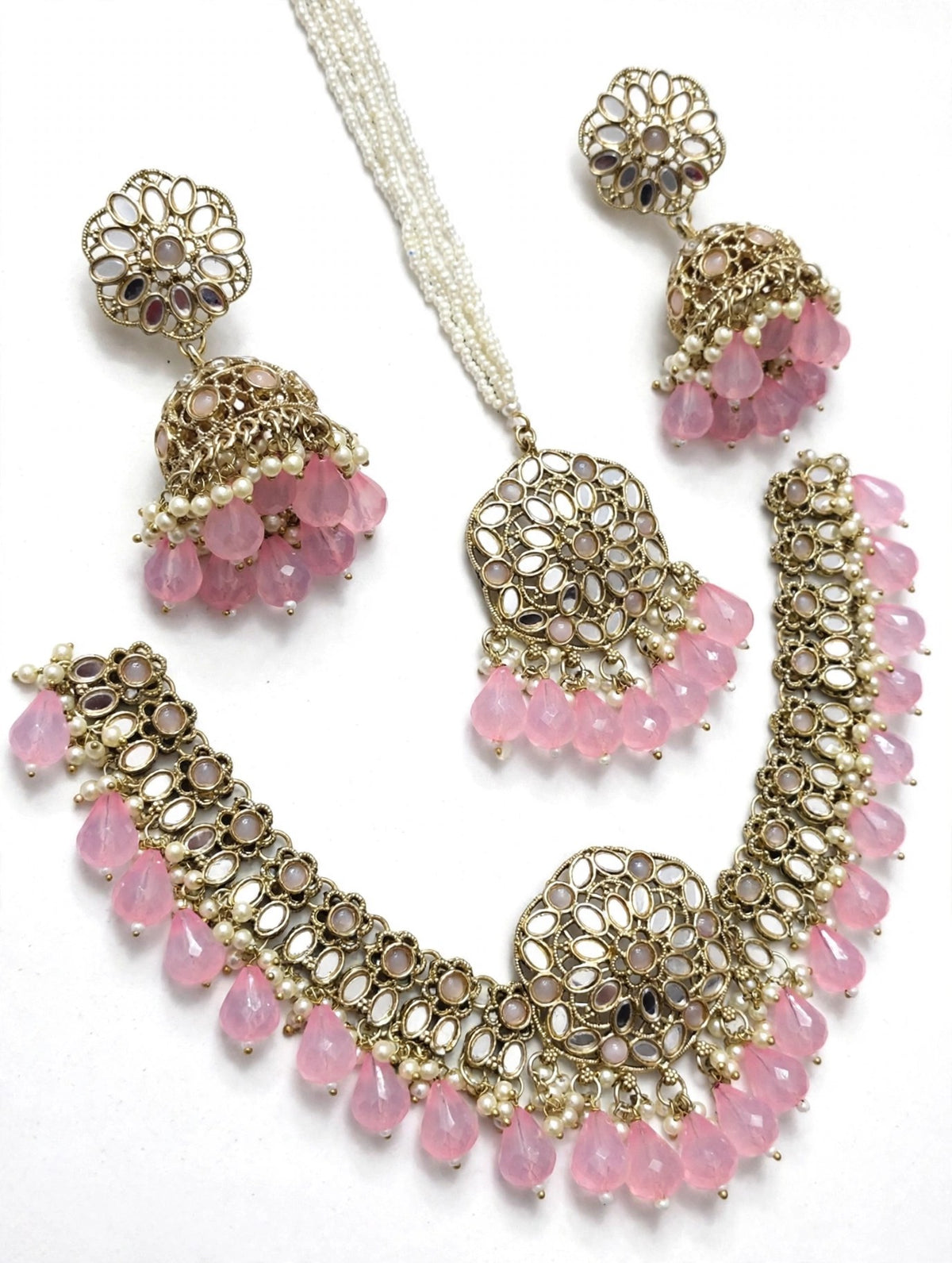 Ishq Pink Kundan Jhumka Necklace Set - 3D view