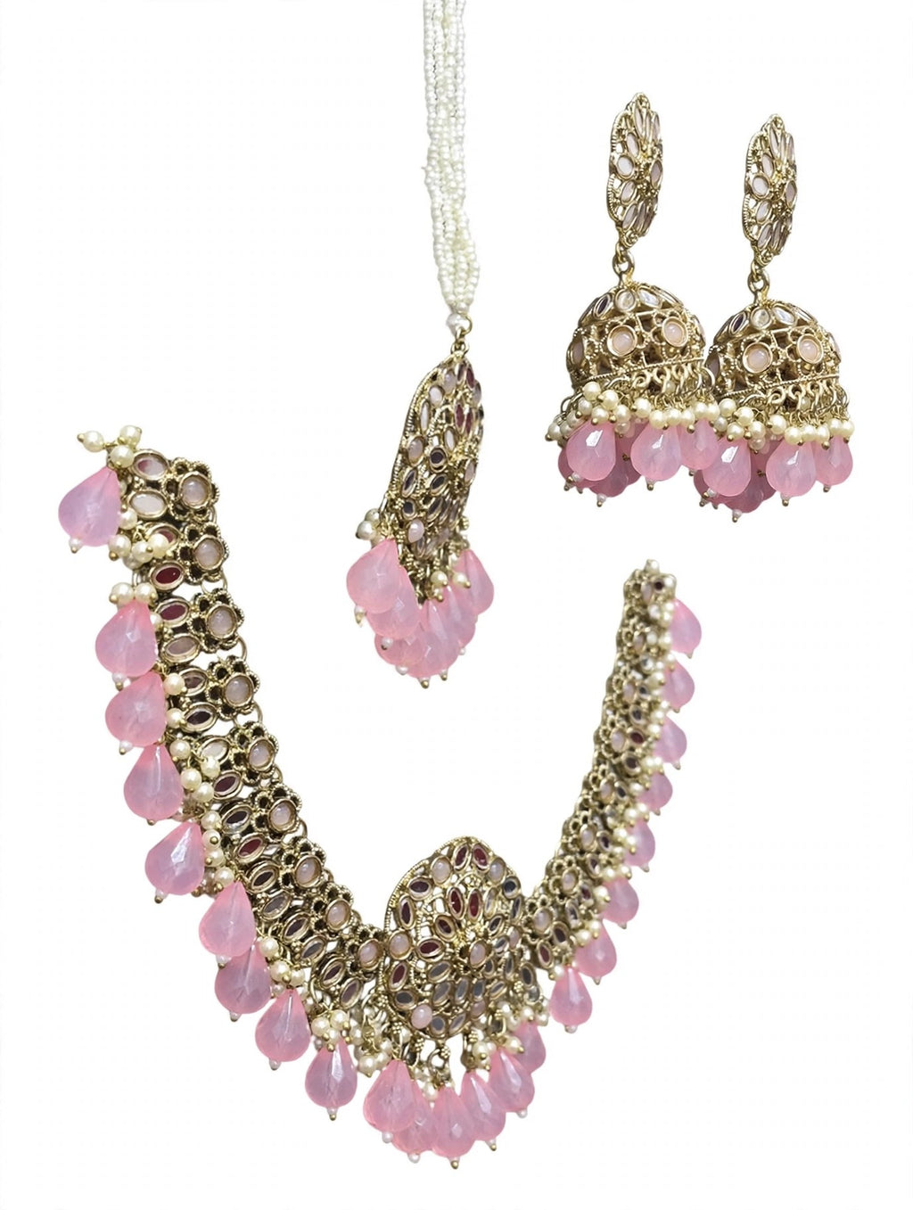 Ishq Pink Kundan Jhumka Necklace Set - second angle