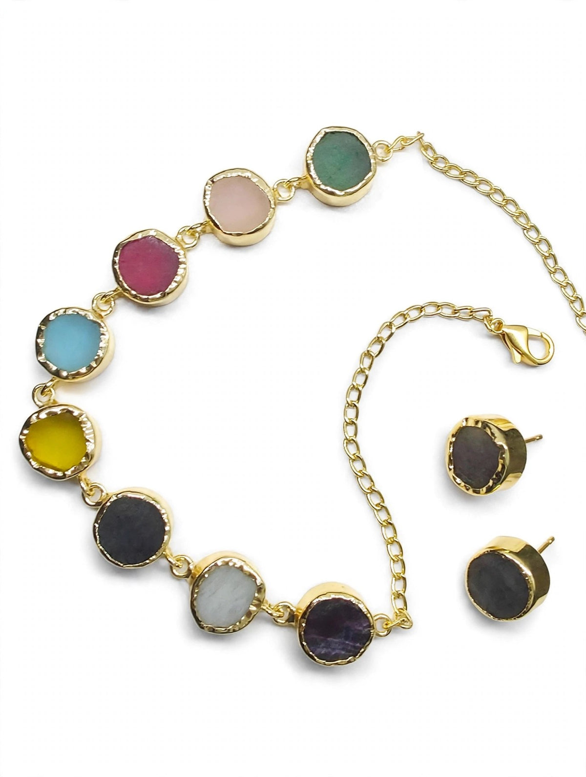 Navratna Multicolour Round-Stone Necklace Set - second angle
