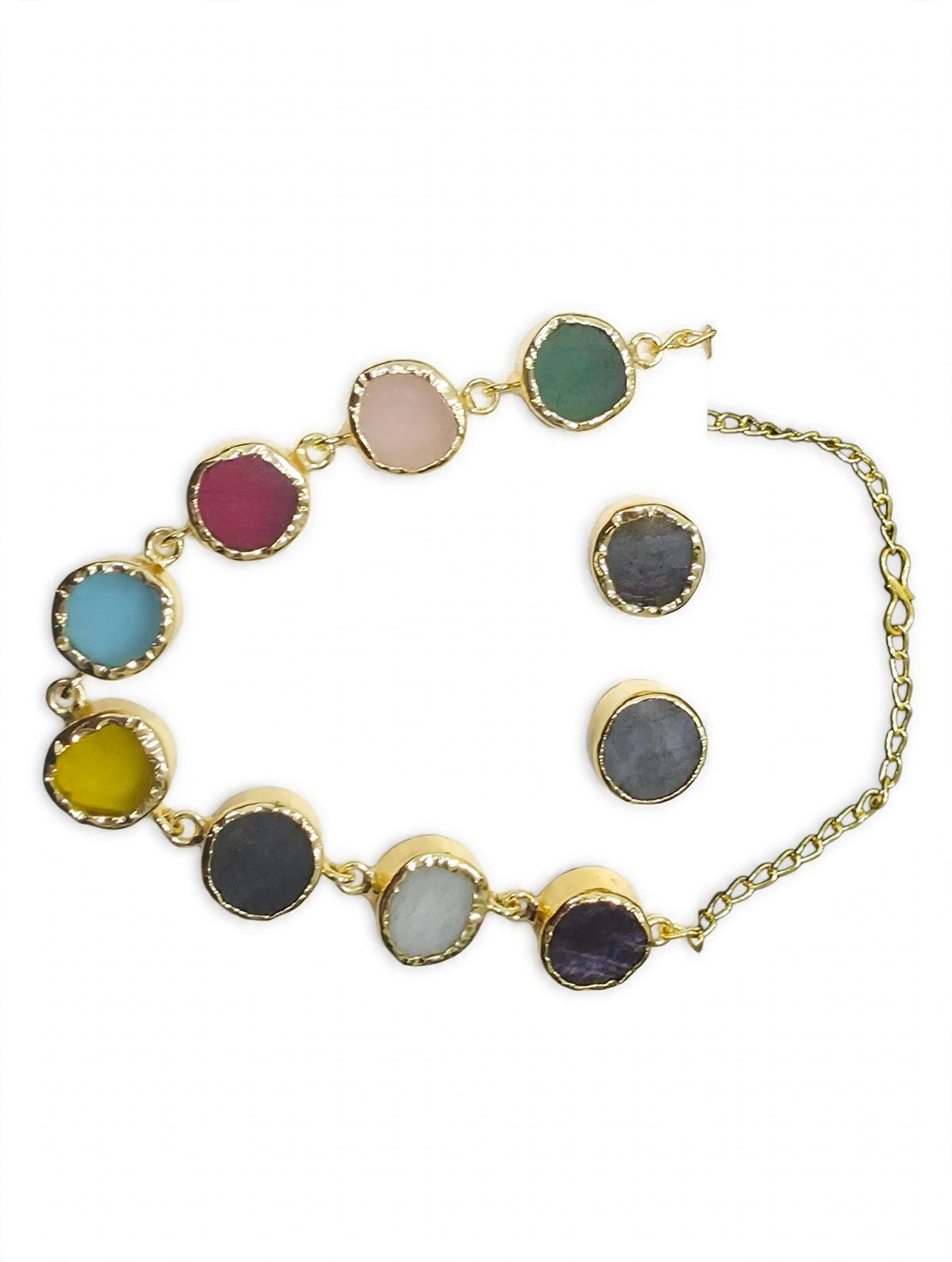 Navratna Multicolour Round-Stone Necklace Set - 3D view