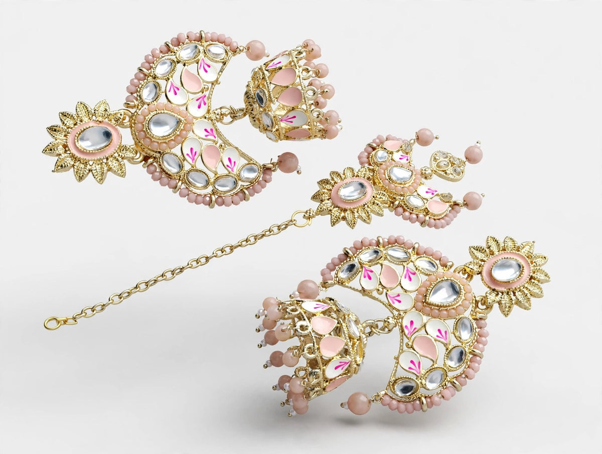 Noor Blush Kundan Chandbali Earrings with Maang Tikka - studio view