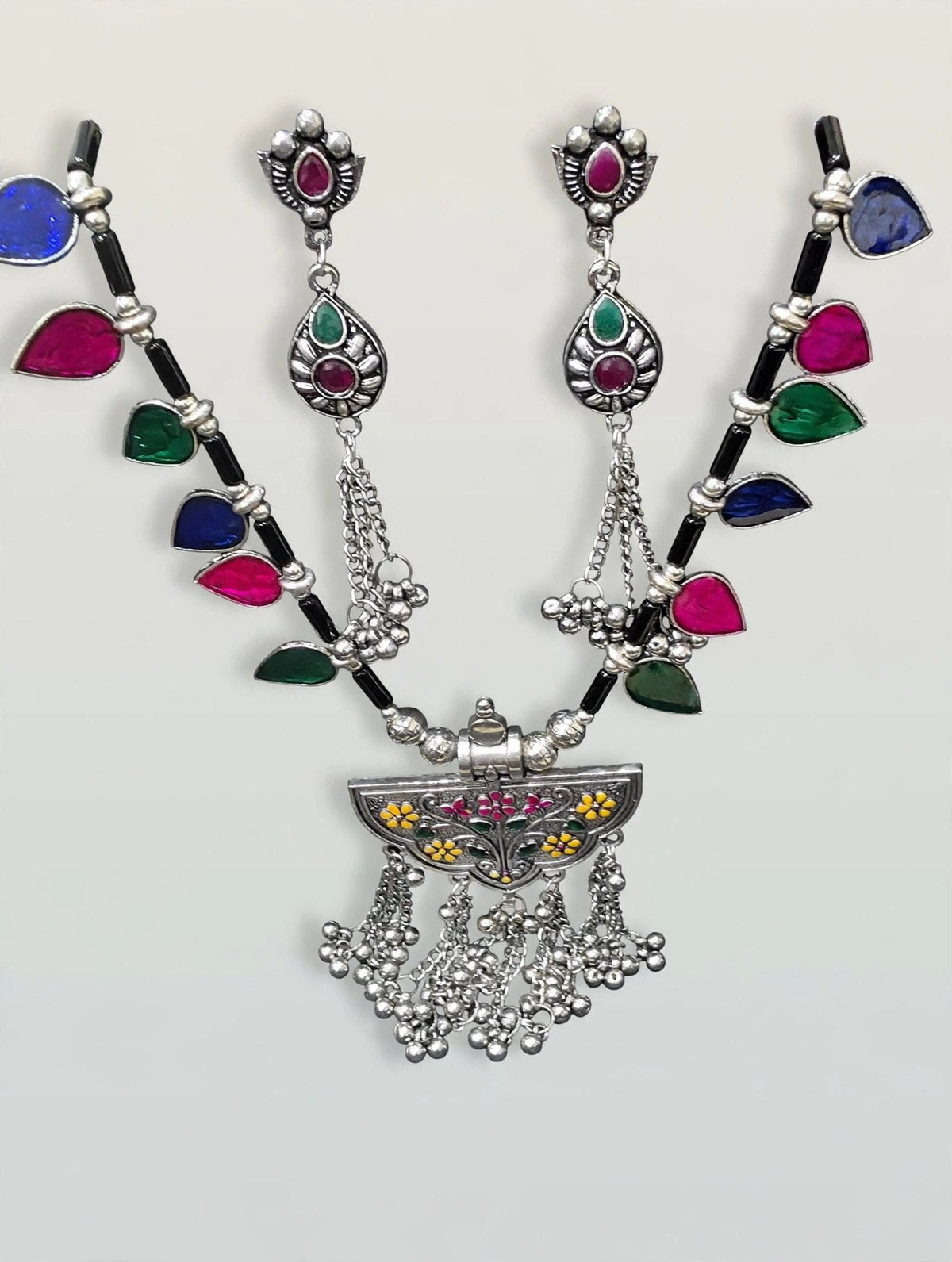 Banjara Multicolour Oxidised Silver Necklace Set - studio view
