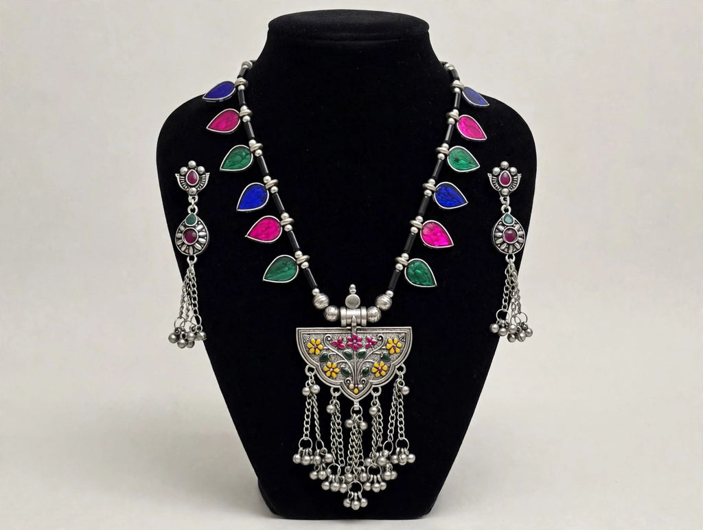 Banjara Multicolour Oxidised Silver Necklace Set - 3D view