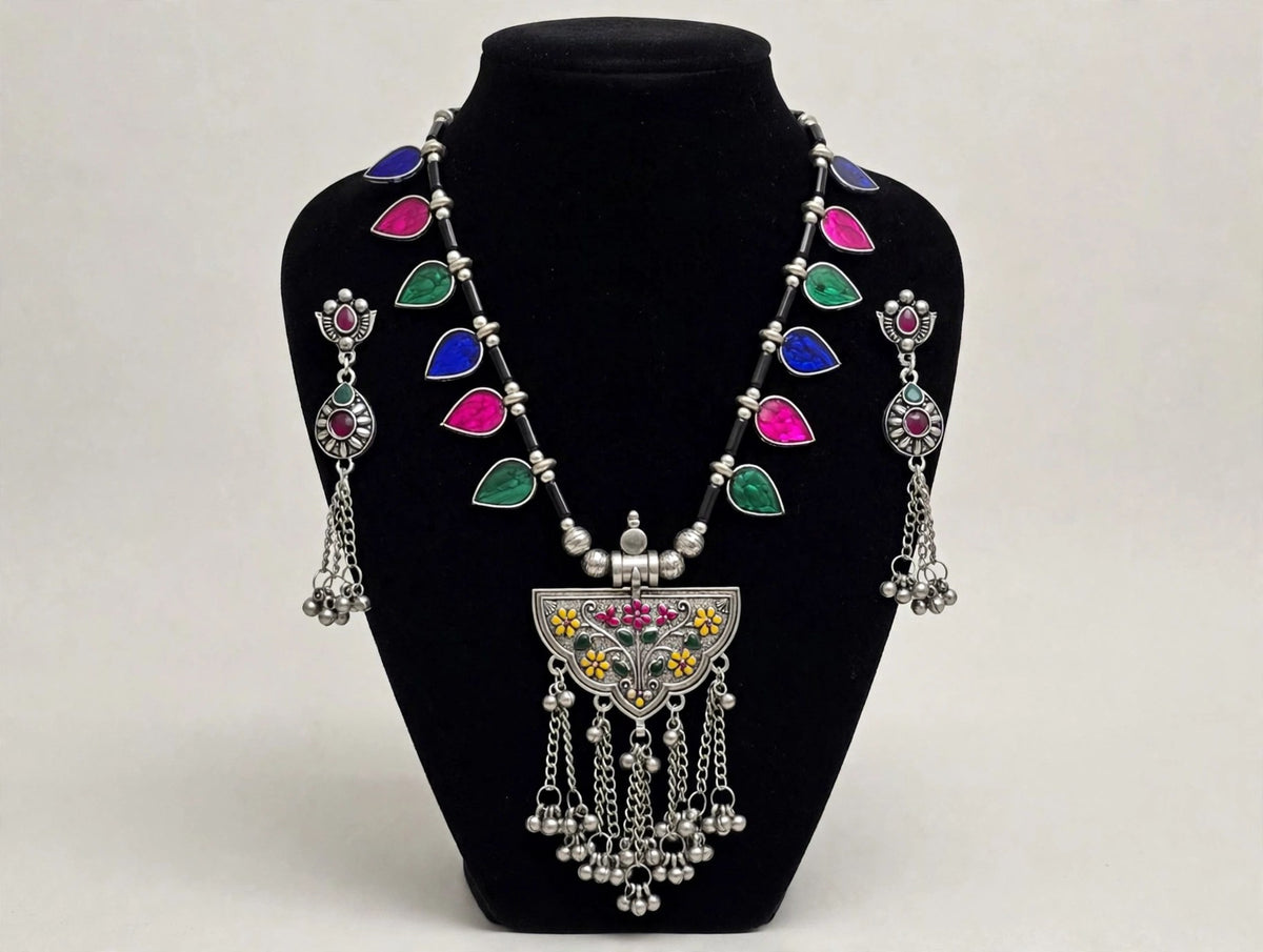 Banjara Multicolour Oxidised Silver Necklace Set - 3D view