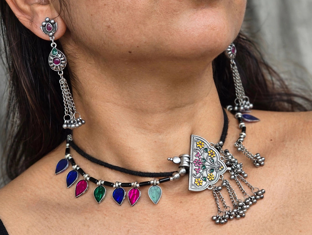 Banjara Multicolour Oxidised Silver Necklace Set - worn close-up (faceless model)