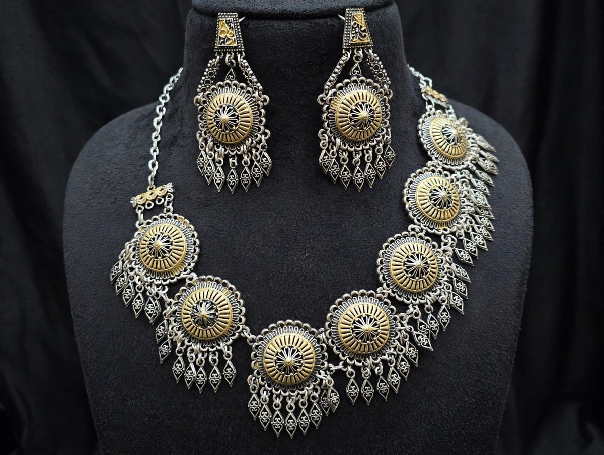Sikka Two-Tone Medallion Necklace Set - 3D view