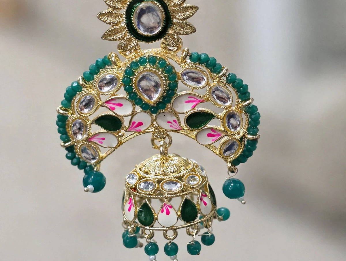 Panna Green Kundan Chandbali Earrings with Maang Tikka - second angle