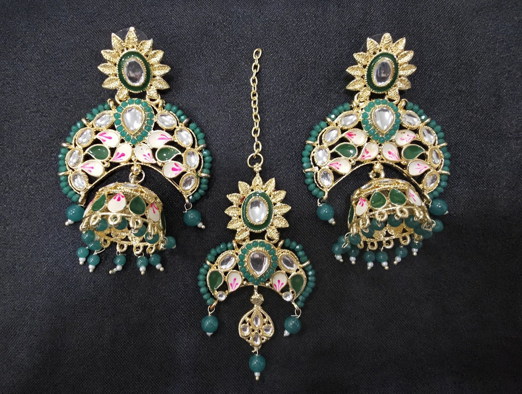 Panna Green Kundan Chandbali Earrings with Maang Tikka - studio view