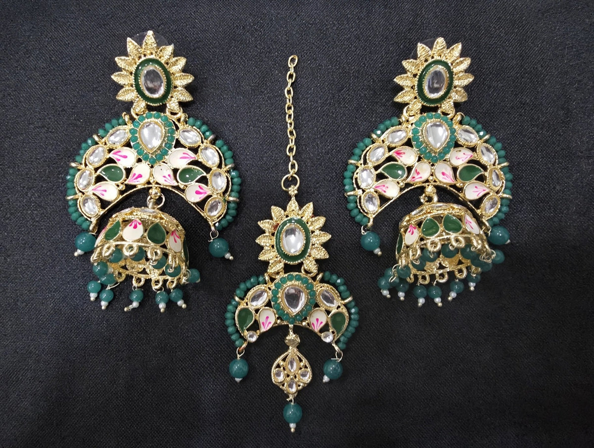Panna Green Kundan Chandbali Earrings with Maang Tikka - studio view