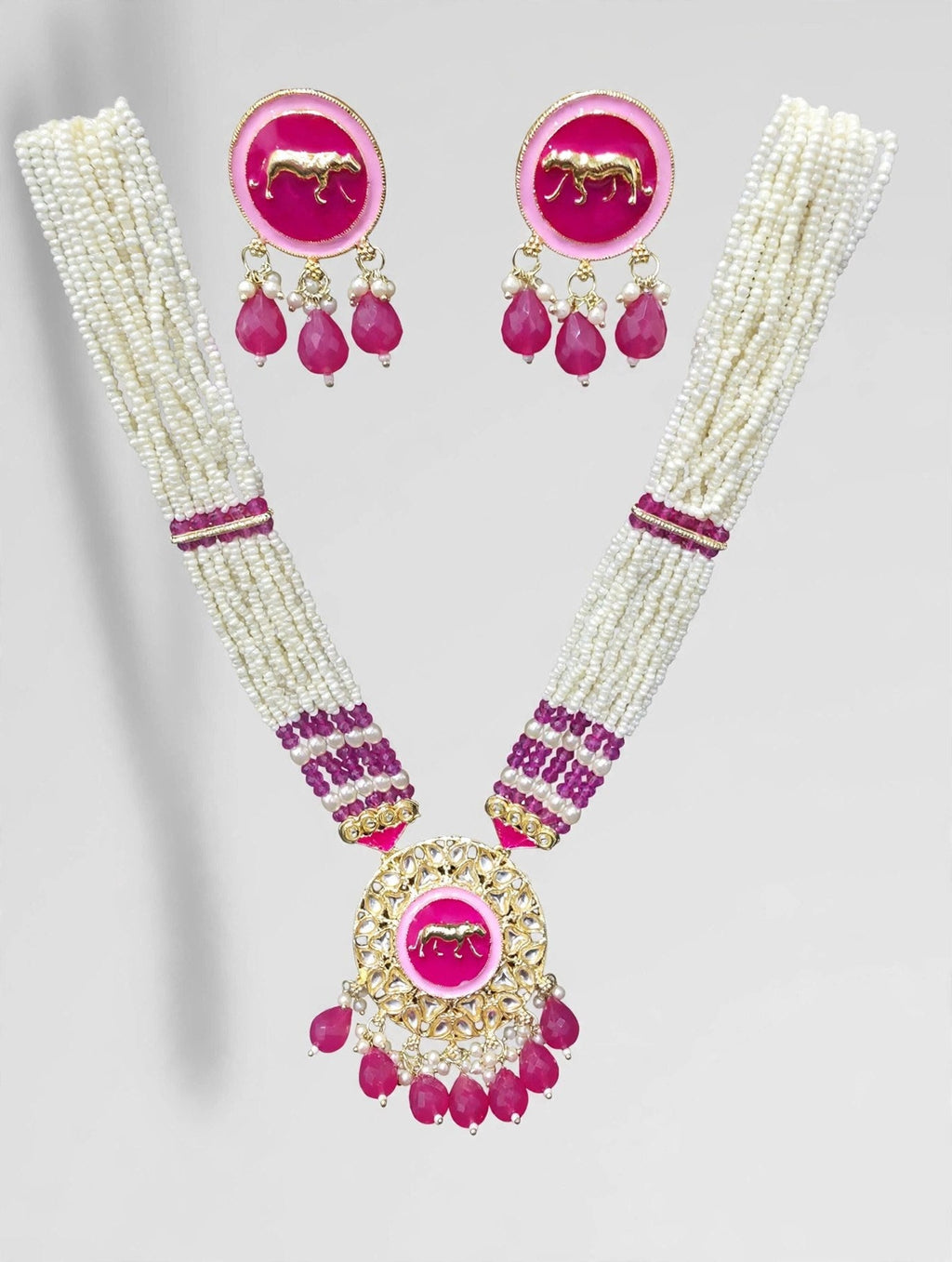 Ashva Pink Pearl Horse Necklace Set - studio view
