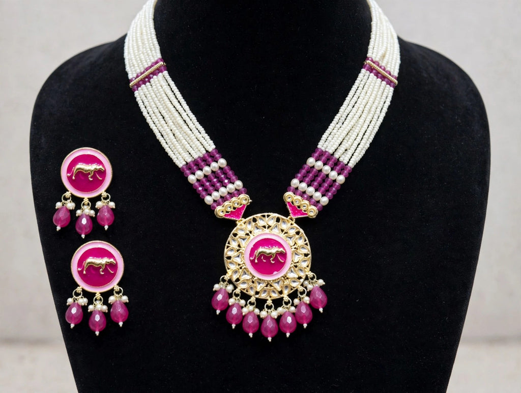 Ashva Pink Pearl Horse Necklace Set - 3D view