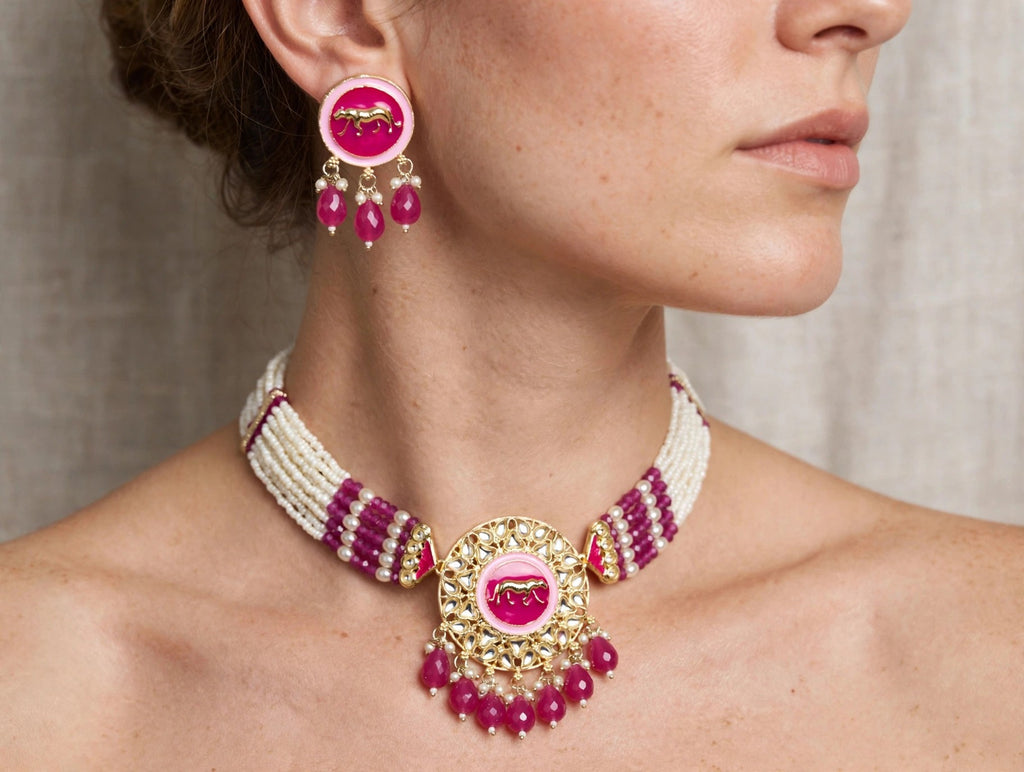 Ashva Pink Pearl Horse Necklace Set - worn close-up (faceless model)