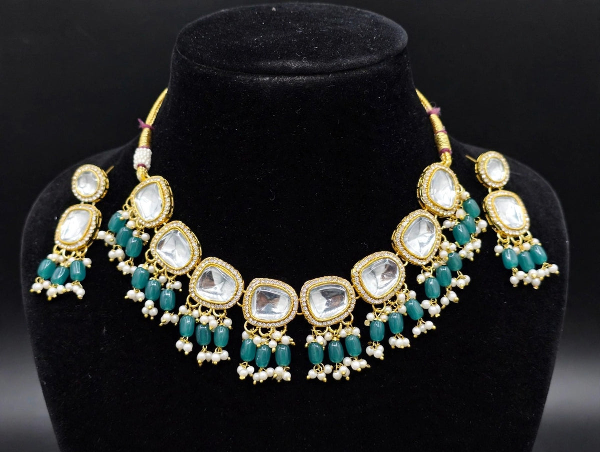 Firoza Teal Polki Choker Set - 3D view