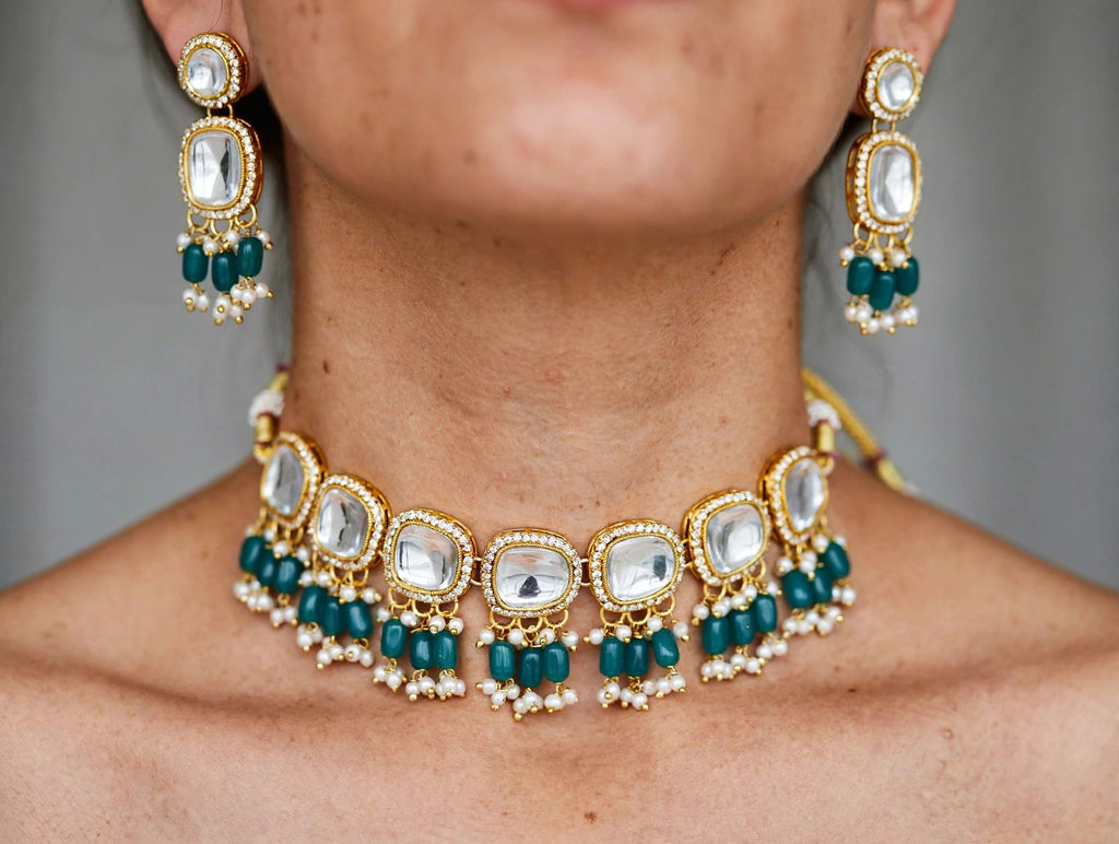 Firoza Teal Polki Choker Set - worn close-up (faceless model)