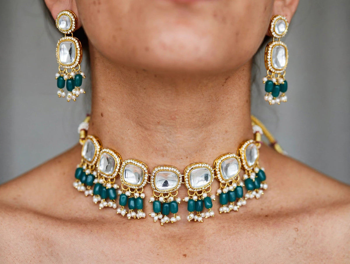 Firoza Teal Polki Choker Set - worn close-up (faceless model)