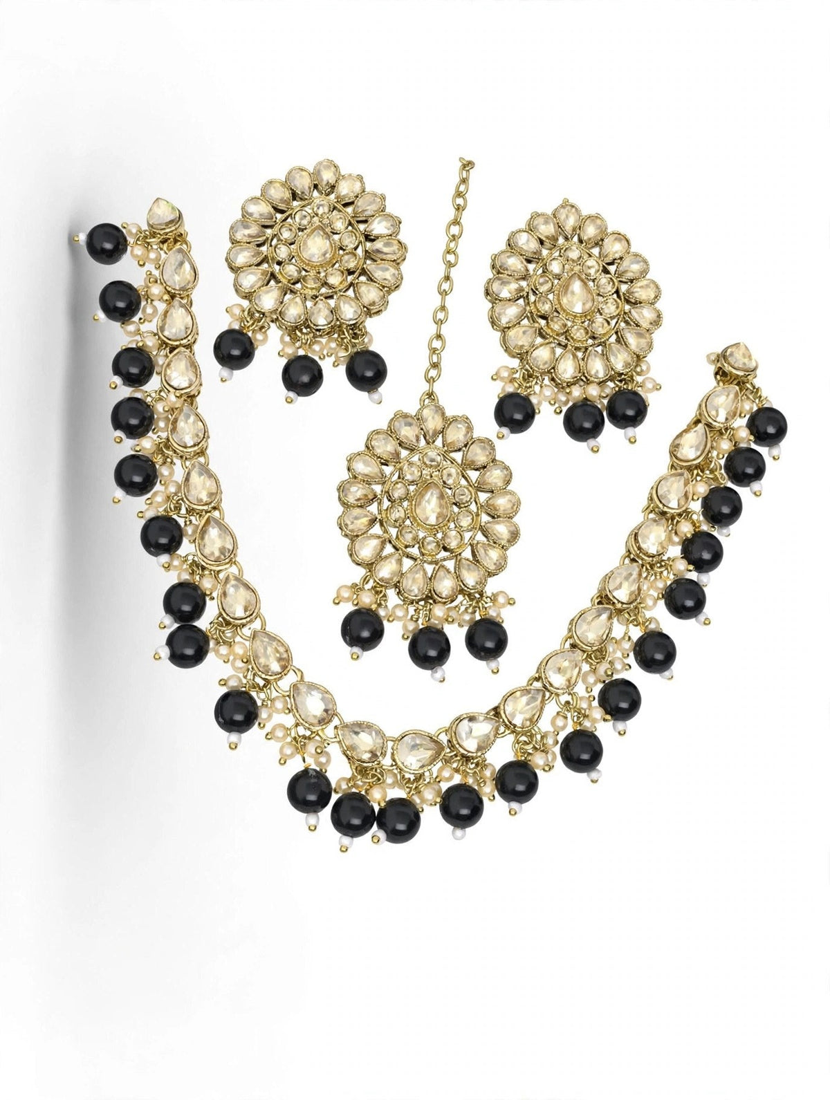 Kaajal Black Bead Kundan Necklace Set with Maang Tikka - studio view