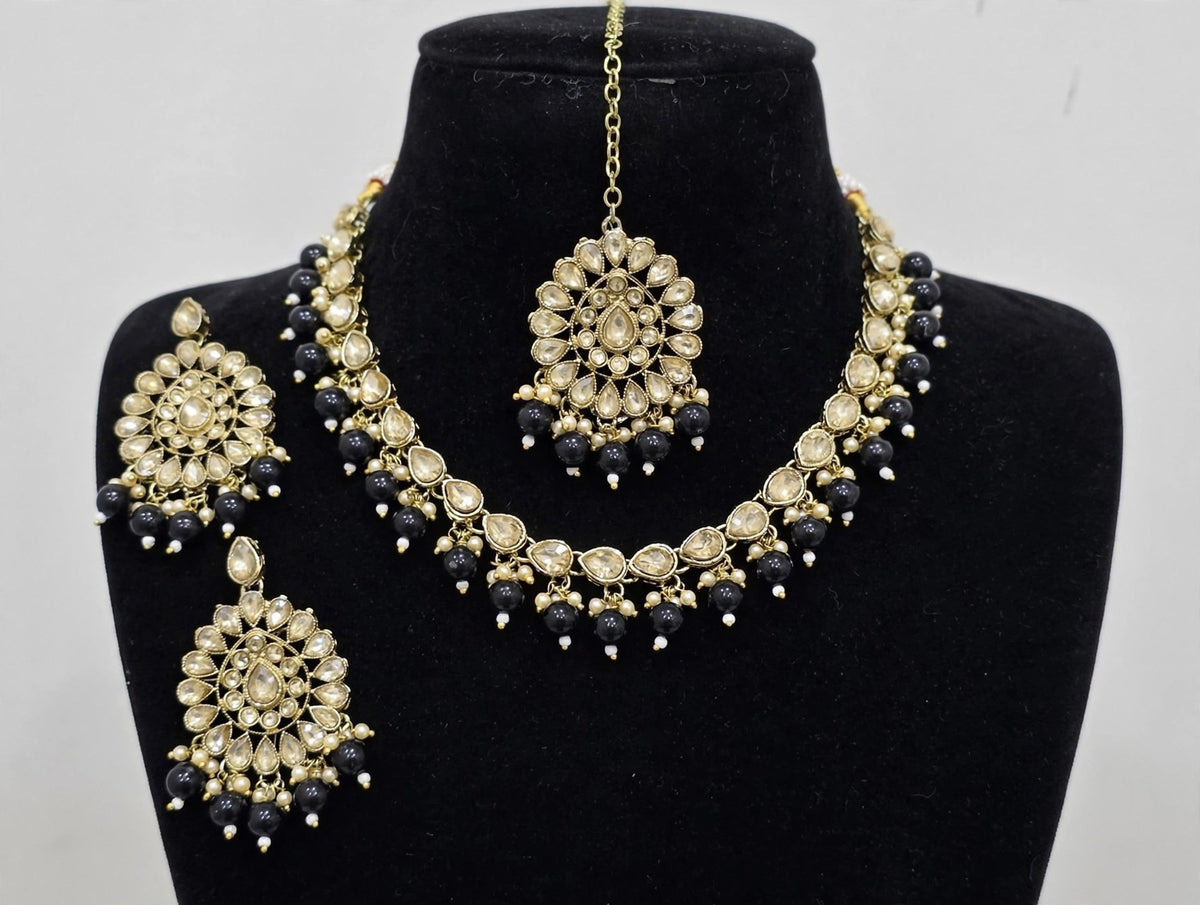 Kaajal Black Bead Kundan Necklace Set with Maang Tikka - 3D view