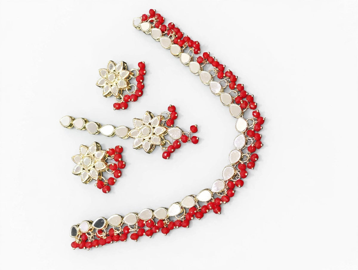 Sindoor Red Mirror Kundan Necklace Set with Maang Tikka - studio view