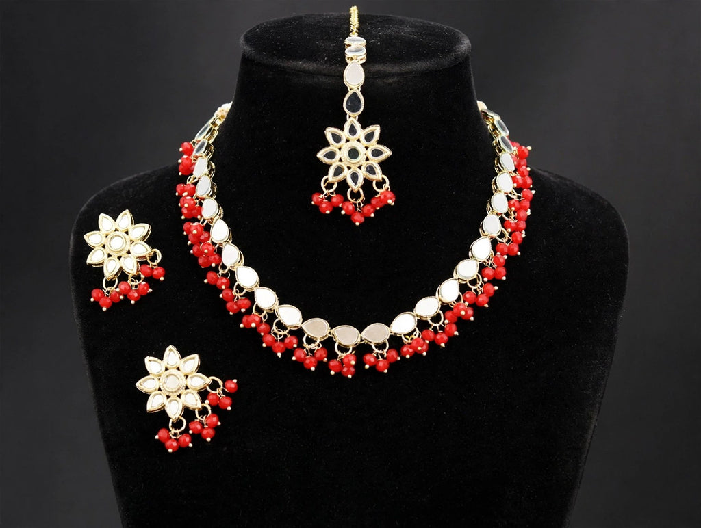 Sindoor Red Mirror Kundan Necklace Set with Maang Tikka - 3D view