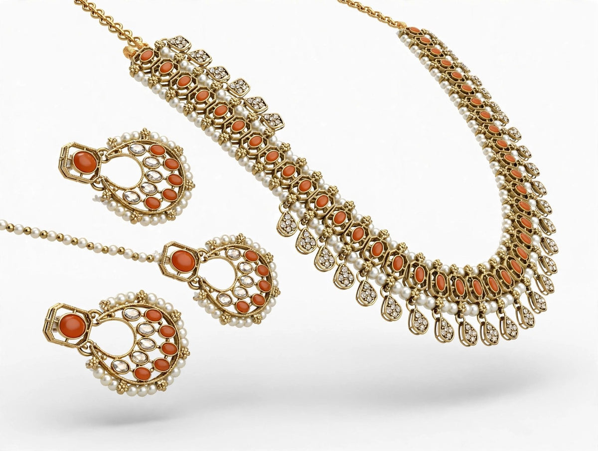 Narangi Orange Chandbali Necklace Set with Maang Tikka - studio view