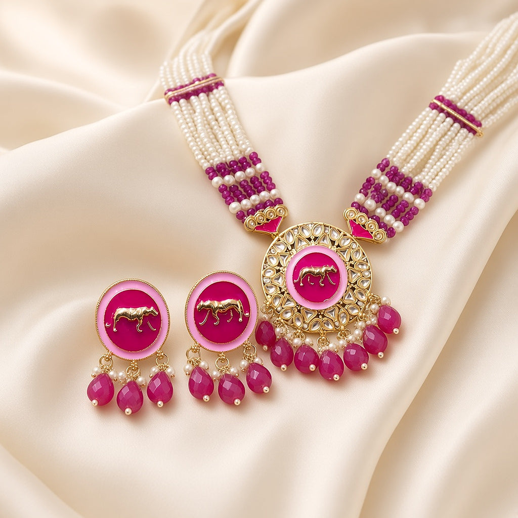 Ashva Pink Pearl Horse Necklace Set - second angle