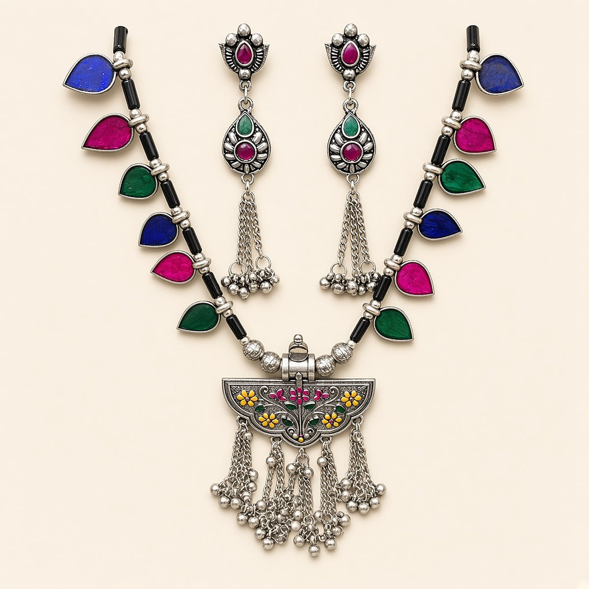 Banjara Multicolour Oxidised Silver Necklace Set – studio view