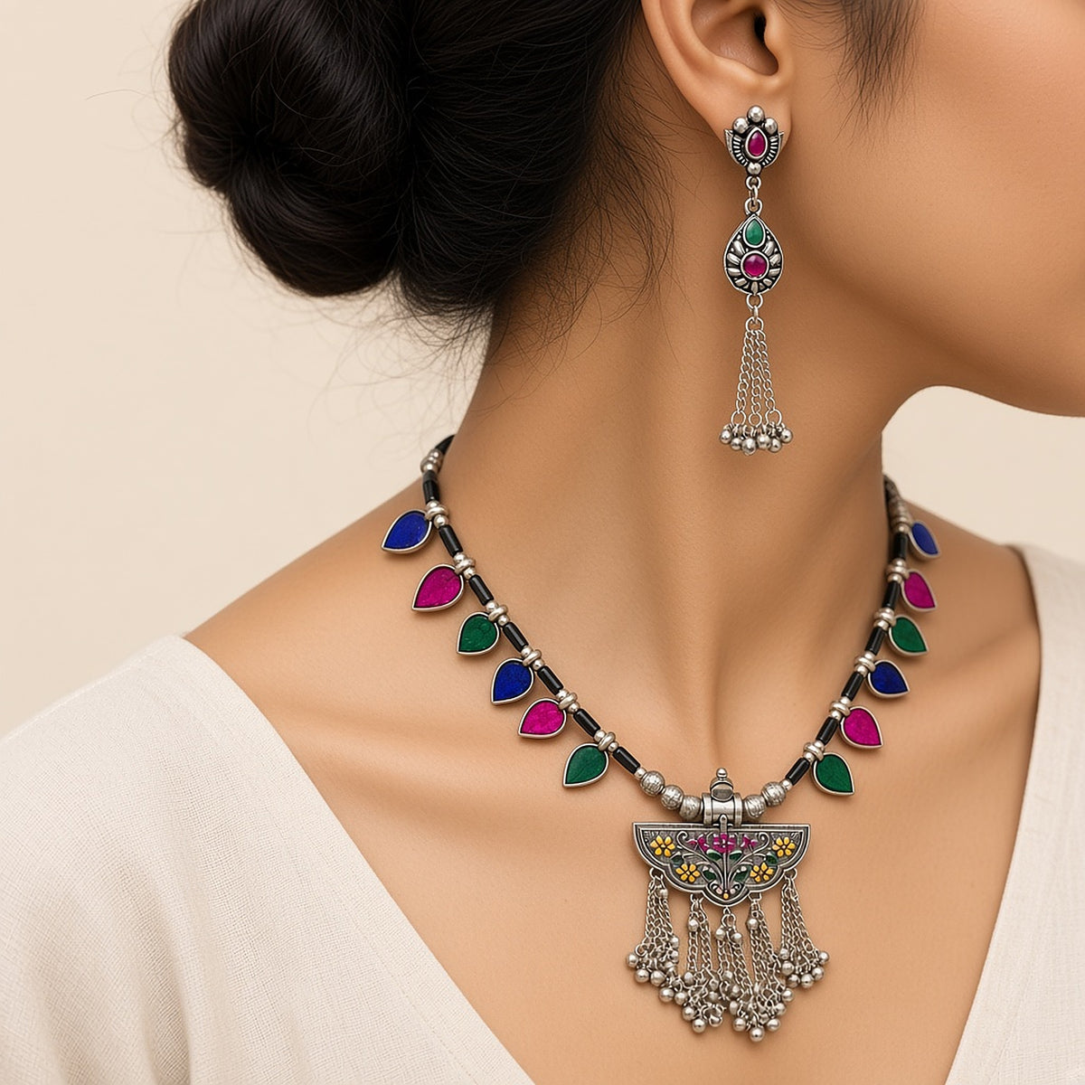 Banjara Multicolour Oxidised Silver Necklace Set – worn close-up