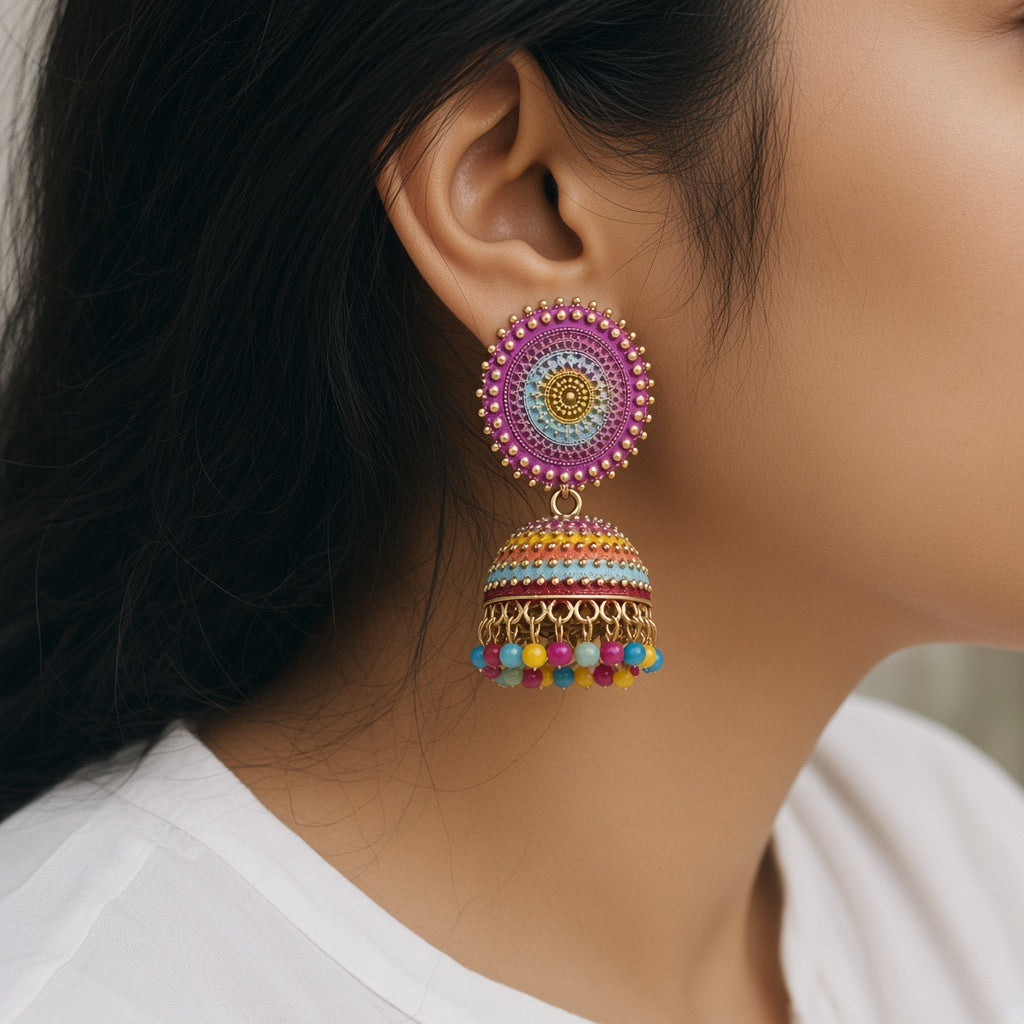 Chakra Statement Jhumkas by The P.S Collection - worn