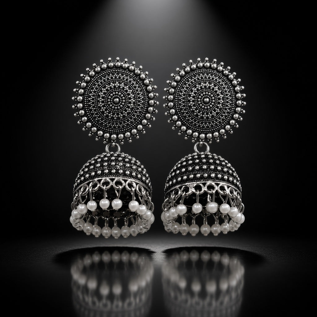 Chakra Statement Jhumkas statement jhumka earrings by The P.S Collection - detail on black