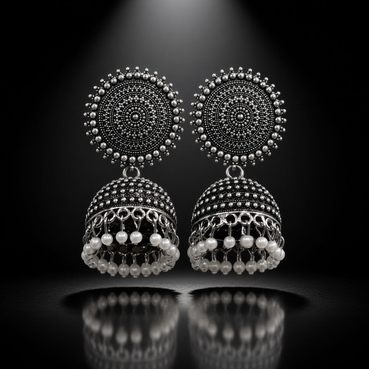 Chakra Statement Jhumkas statement jhumka earrings by The P.S Collection - detail on black