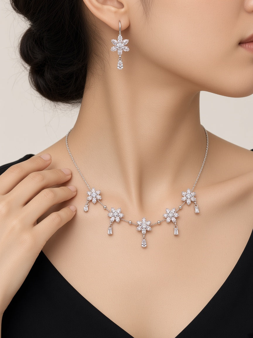Chameli Crystal Flower Necklace Set - worn close-up (faceless model)