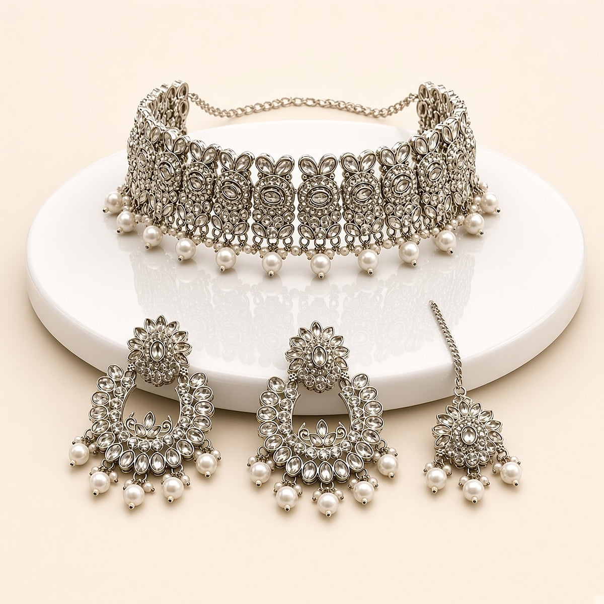 Chandni Silver Pearl Chandbali Bridal Set – 3D view