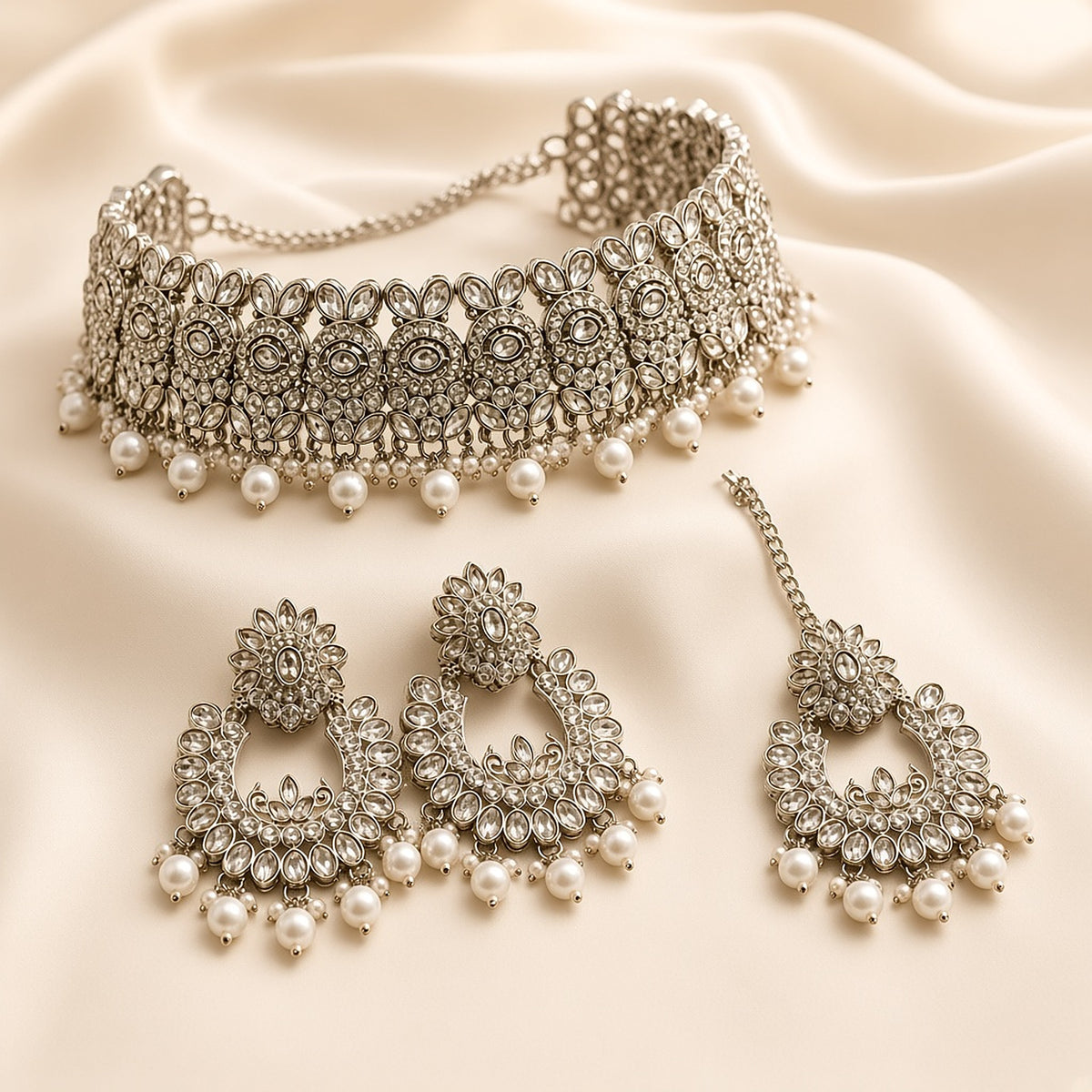 Chandni Silver Pearl Chandbali Bridal Set – second angle