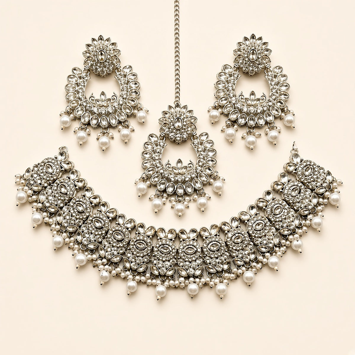 Chandni Silver Pearl Chandbali Bridal Set – studio view