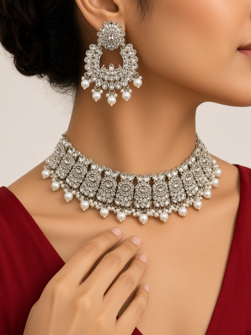 Chandni Silver Pearl Chandbali Bridal Set - worn close-up (faceless model)