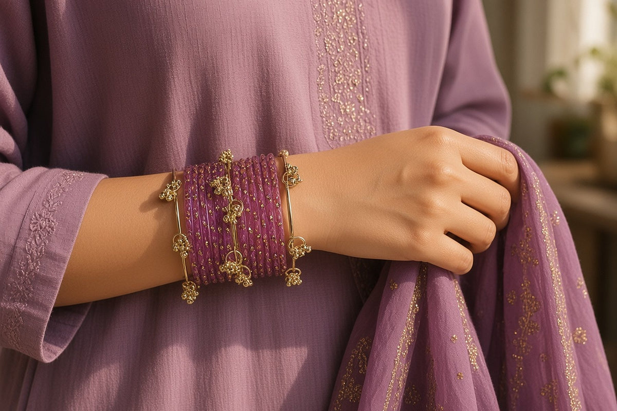 Purple glass bangle stack with gold ghungroo charm kadas worn on the wrist with a mauve kurta