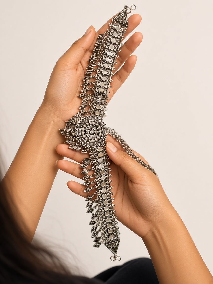 Darpan Oxidised Mirror Maang Tikka - worn close-up (faceless model)