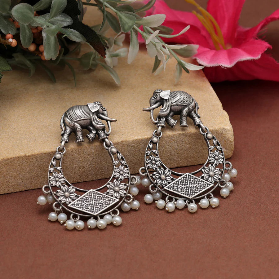 Premium Silver Colour Elephant Oxidised Earrings