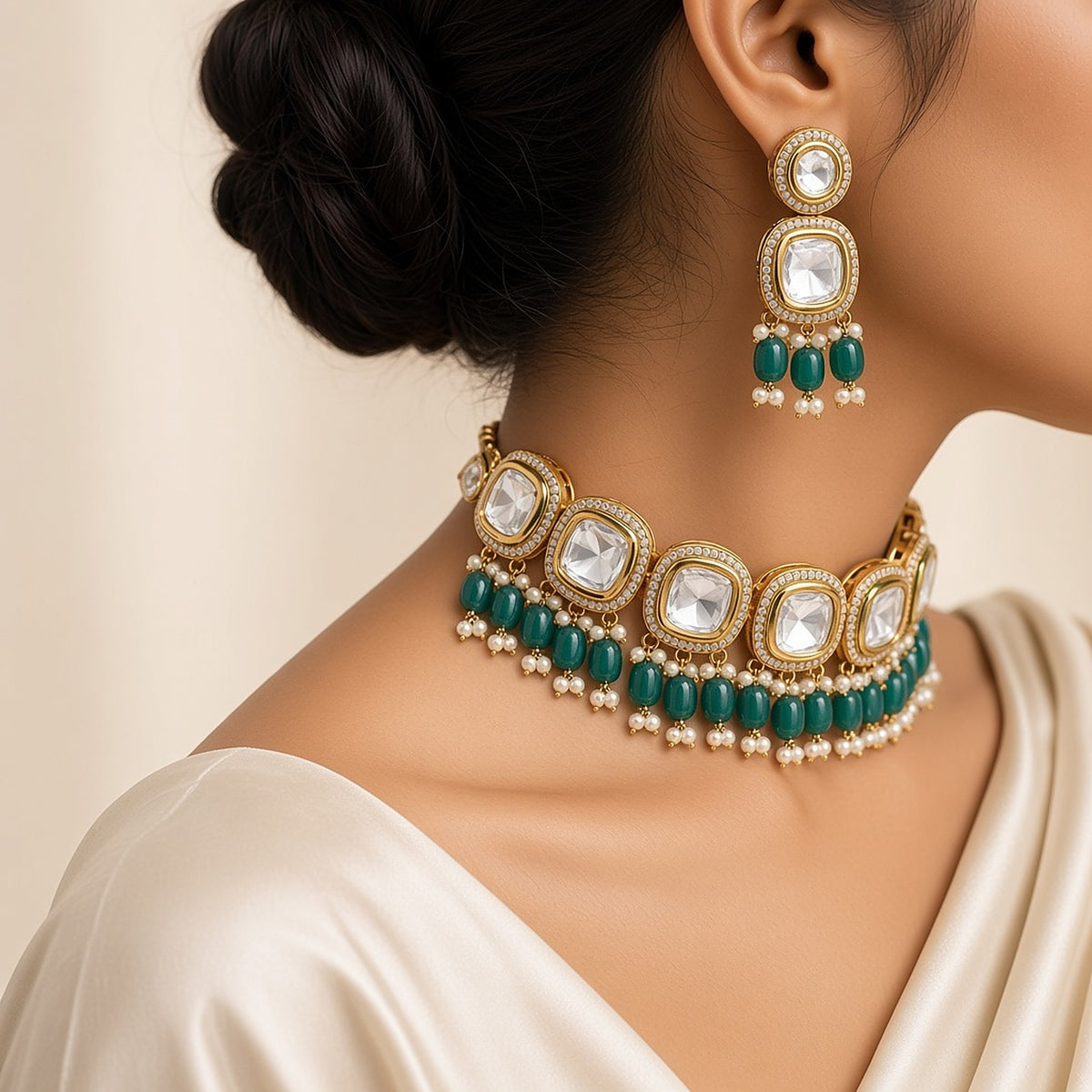 Firoza Teal Polki Choker Set – worn close-up