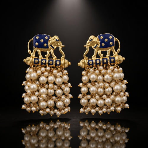 Gajraj Blue Elephant Pearl Earrings elephant pearl earrings by The P.S Collection - detail on black