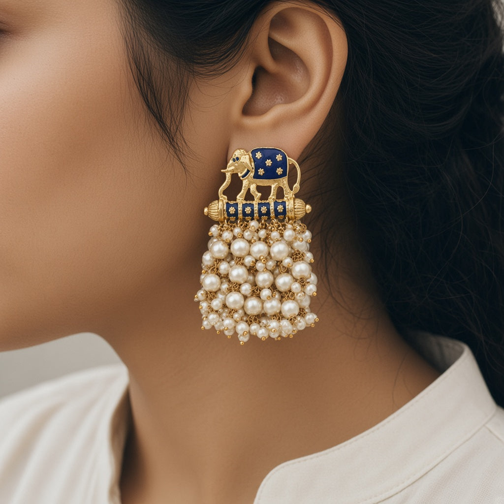 Gajraj Blue Elephant Pearl Earrings by The P.S Collection - worn