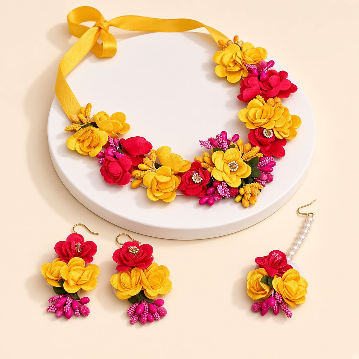 Genda Yellow & Red Floral Haldi Jewellery Set – 3D view
