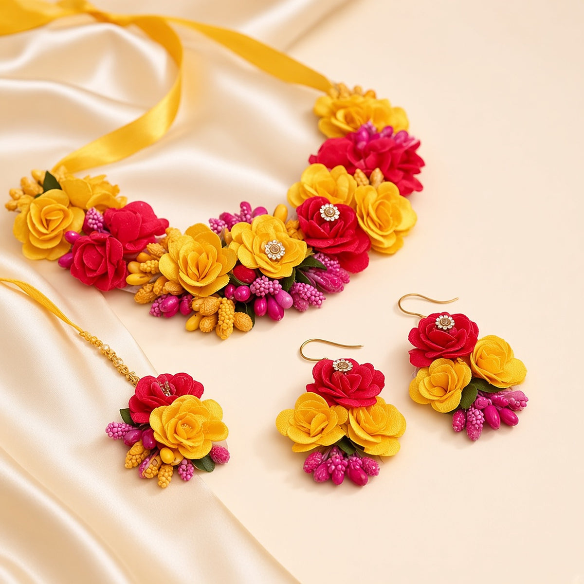 Genda Yellow & Red Floral Haldi Jewellery Set – second angle