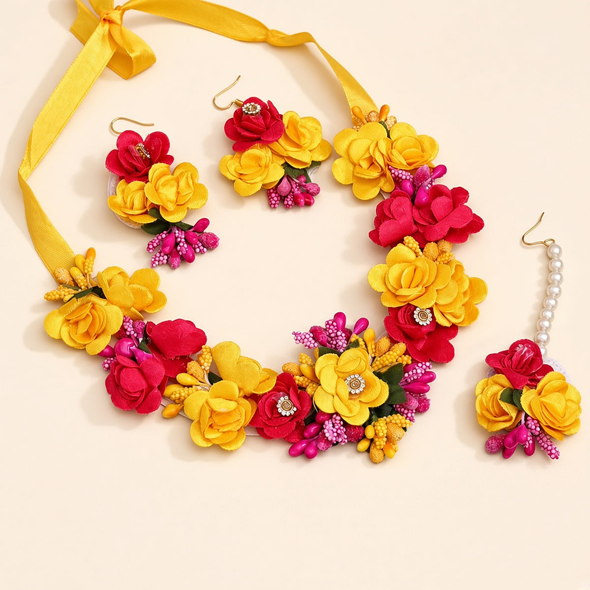 Genda Yellow & Red Floral Haldi Jewellery Set – studio view