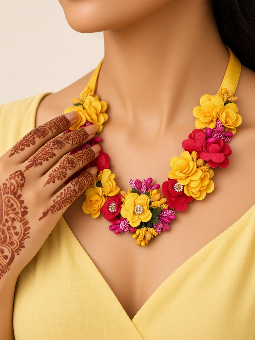 Genda Yellow & Red Floral Haldi Jewellery Set - worn close-up (faceless model)