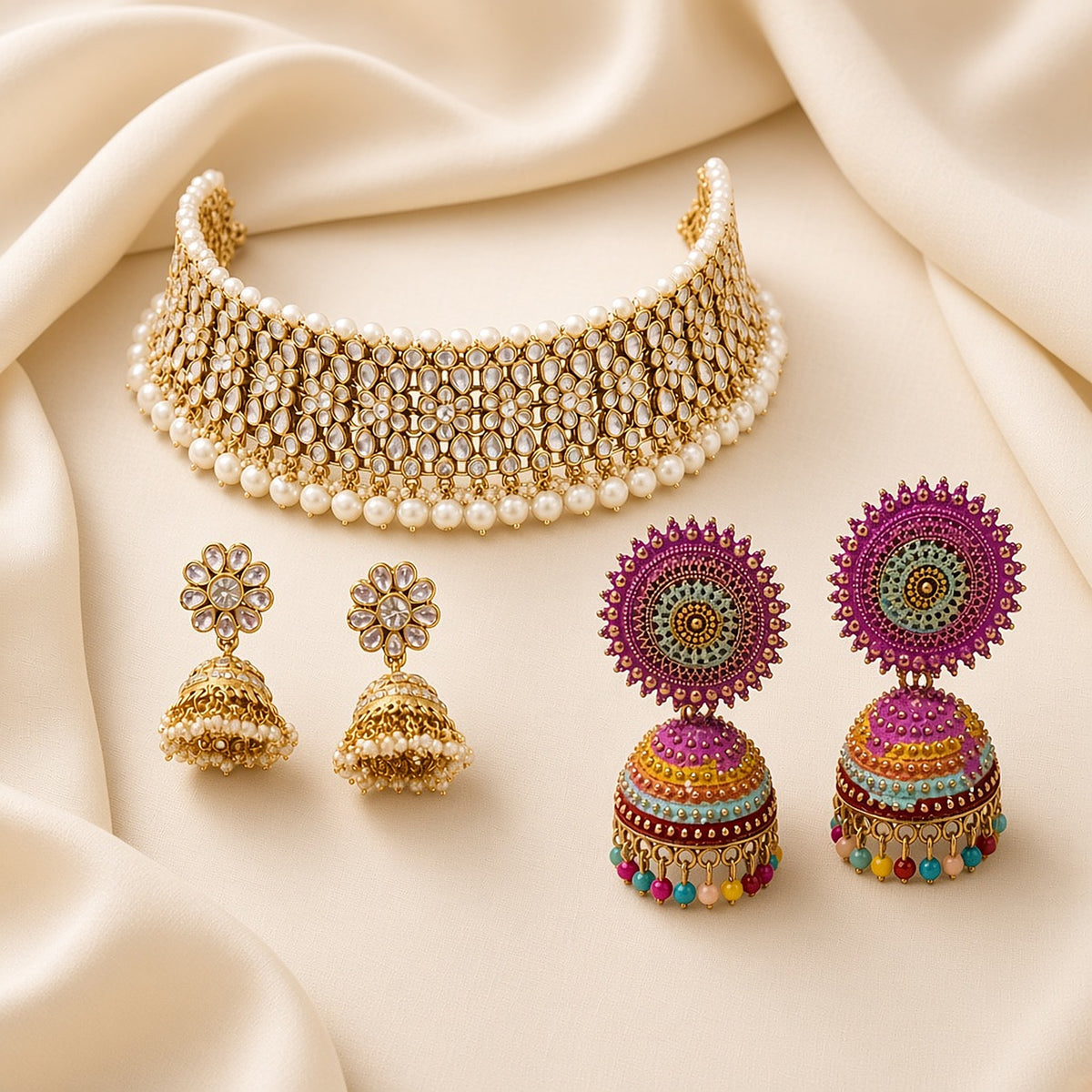 Golden Kundan Occasion Bundle – styled flat-lay