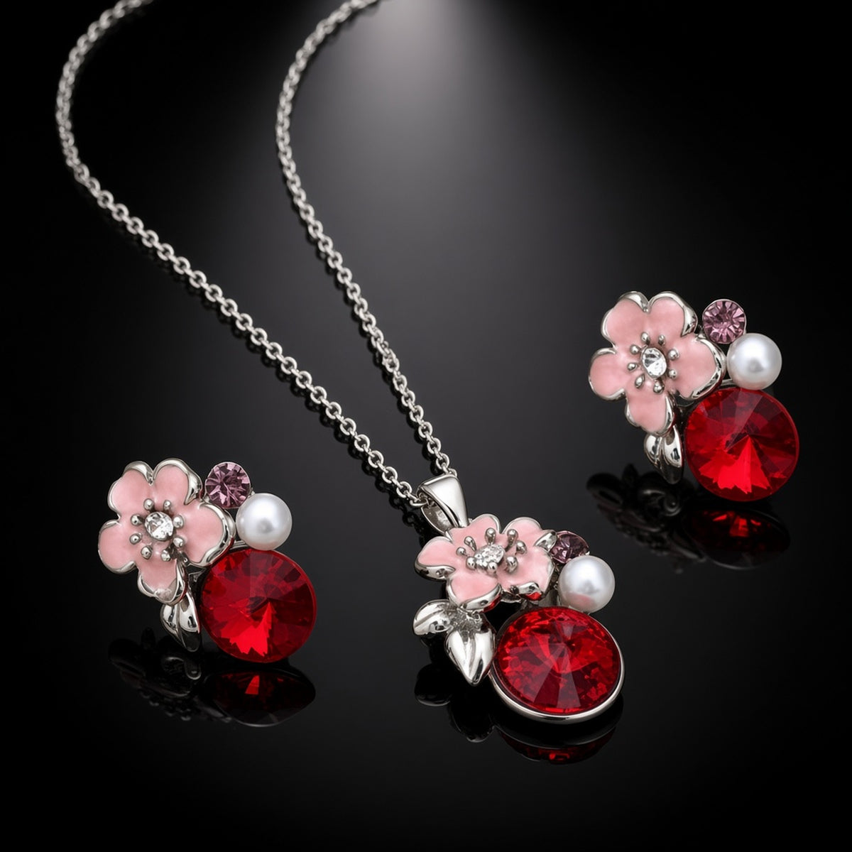 Gulab Rose Crystal Pendant Set pendant and earring set by The P.S Collection - detail on black