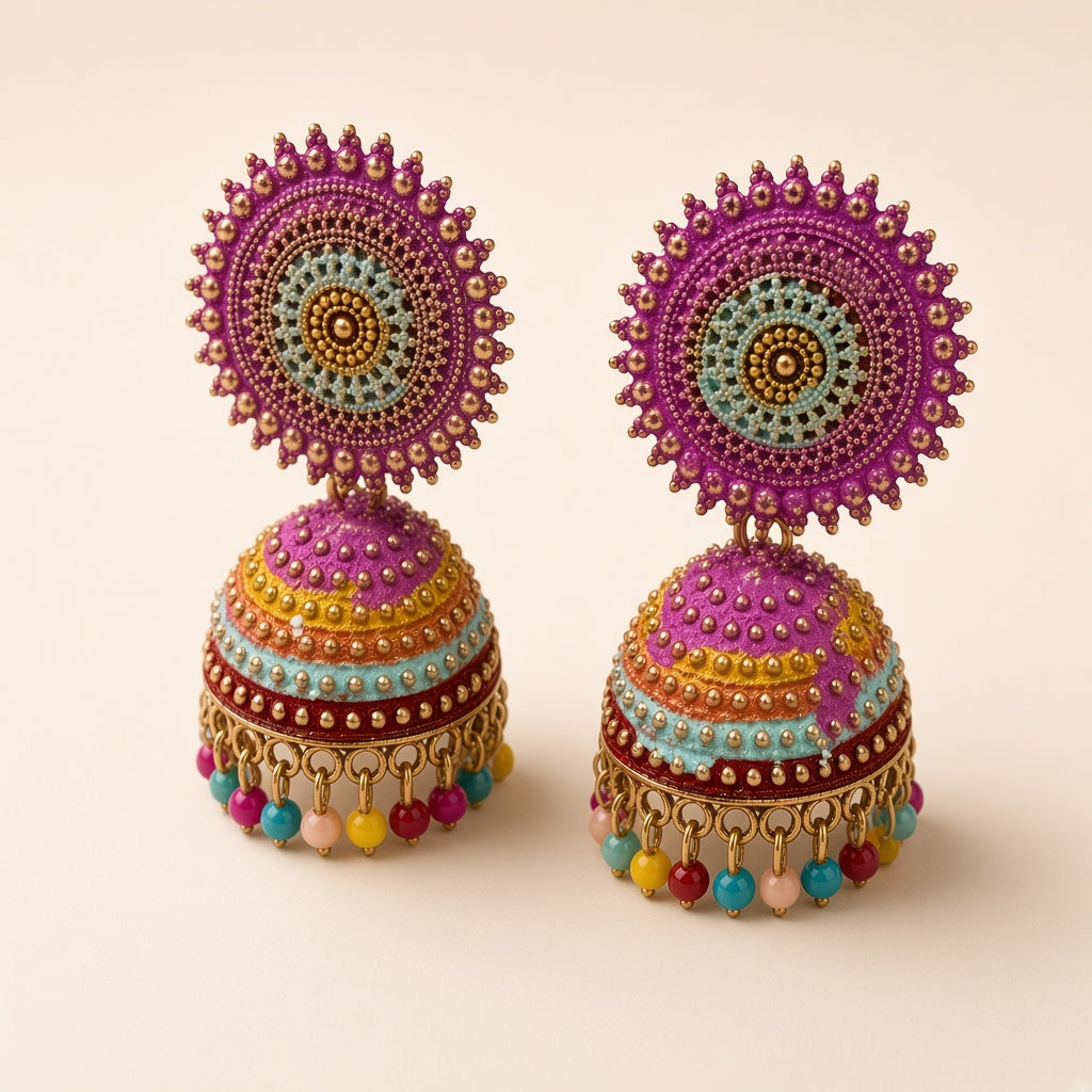 Gulabi Sunburst Jhumkas, pink jhumka earrings by The P.S Collection - 3D view