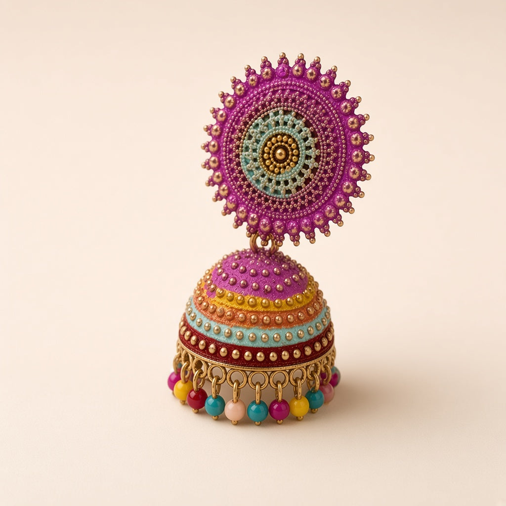 Gulabi Sunburst Jhumkas, pink jhumka earrings by The P.S Collection - alternate angle